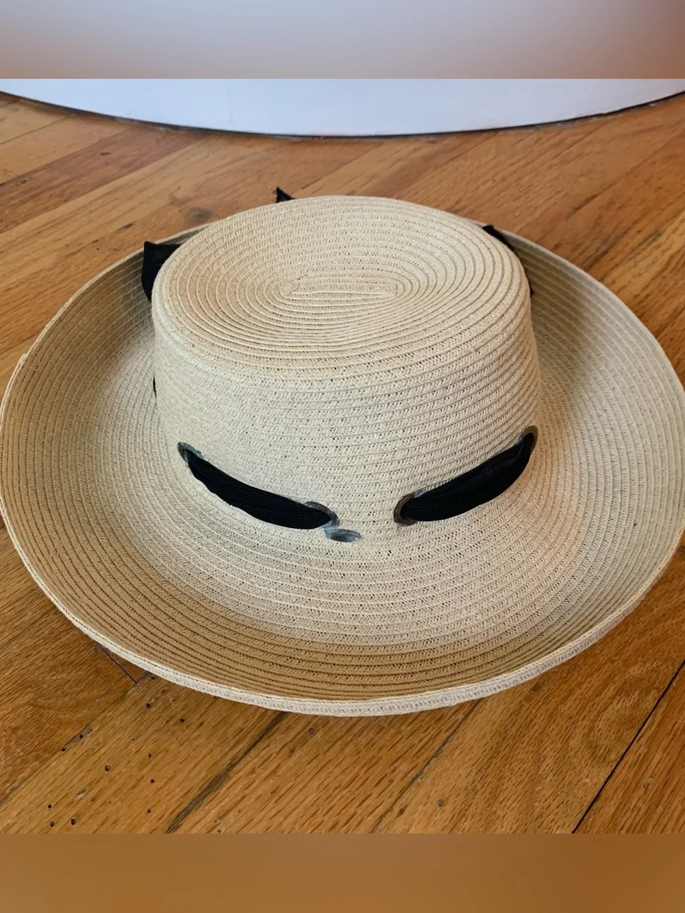 HBY Miami cream paper straw hat with black ribbon bow one size